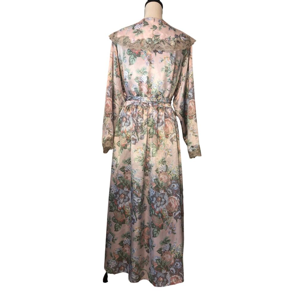 Victoria's Secret Gold Label 90s Robe Size L Pink Floral Lace Wrap Belt Pockets - Picture 7 of 11